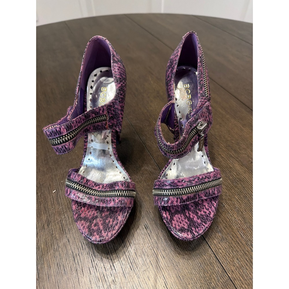 BCBGirls Purple Snake‎ Print Zipper Stiletto Heeled Sandals Women's Size 6 - Picture 3 of 5